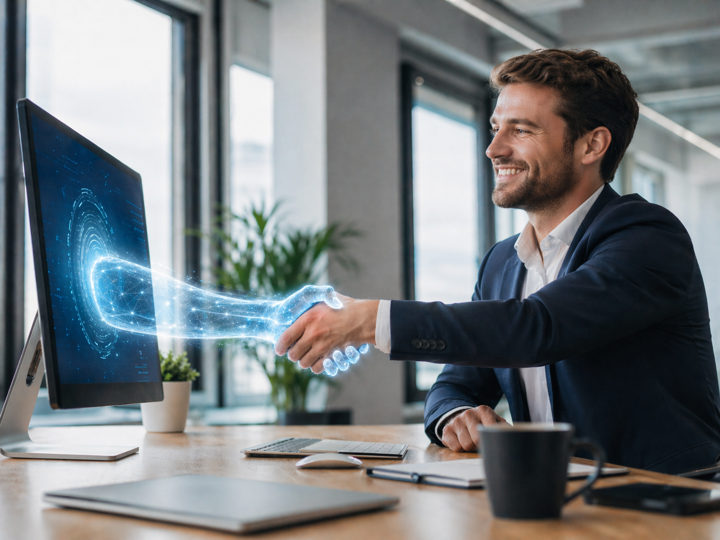 Business owners shaking hands while getting support with AI workflows